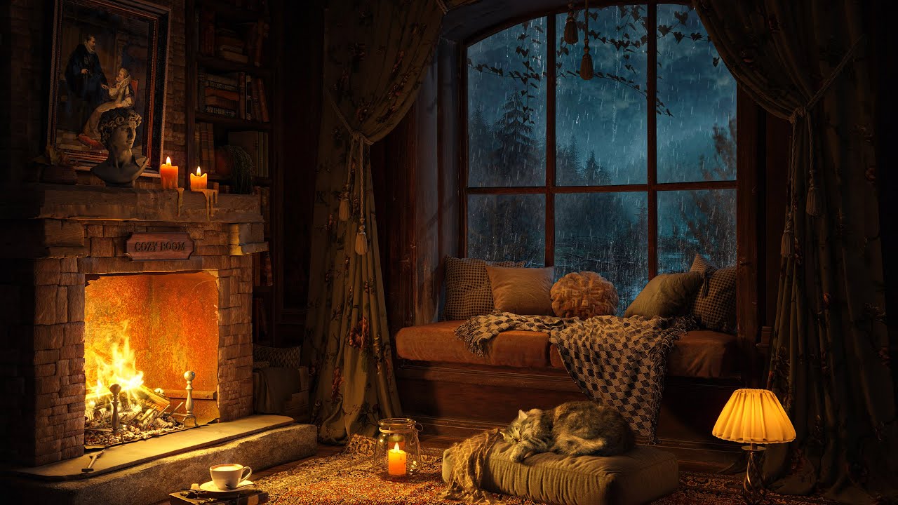 Rainy Night in Cozy Reading Nook 🌧️ Soft Jazz Music 🌧️ Heavy Rain, Fireplace Sounds for Sleeping 4K