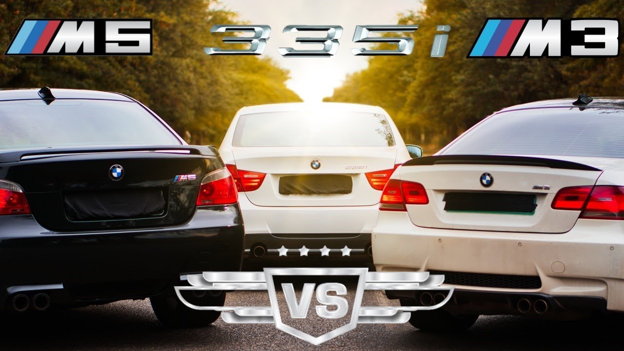 Tuned 2009 E90 BMW 335i vs E92 M3 vs E60 M5. The Junior giving seniors grief :)