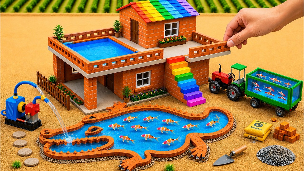 Tractor Builds a Brick House with a Mini Pool | Full DIY Construction Project