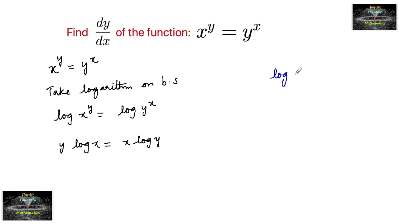 Find dy/dx of the function y^x = x^y Ncert Differentiation