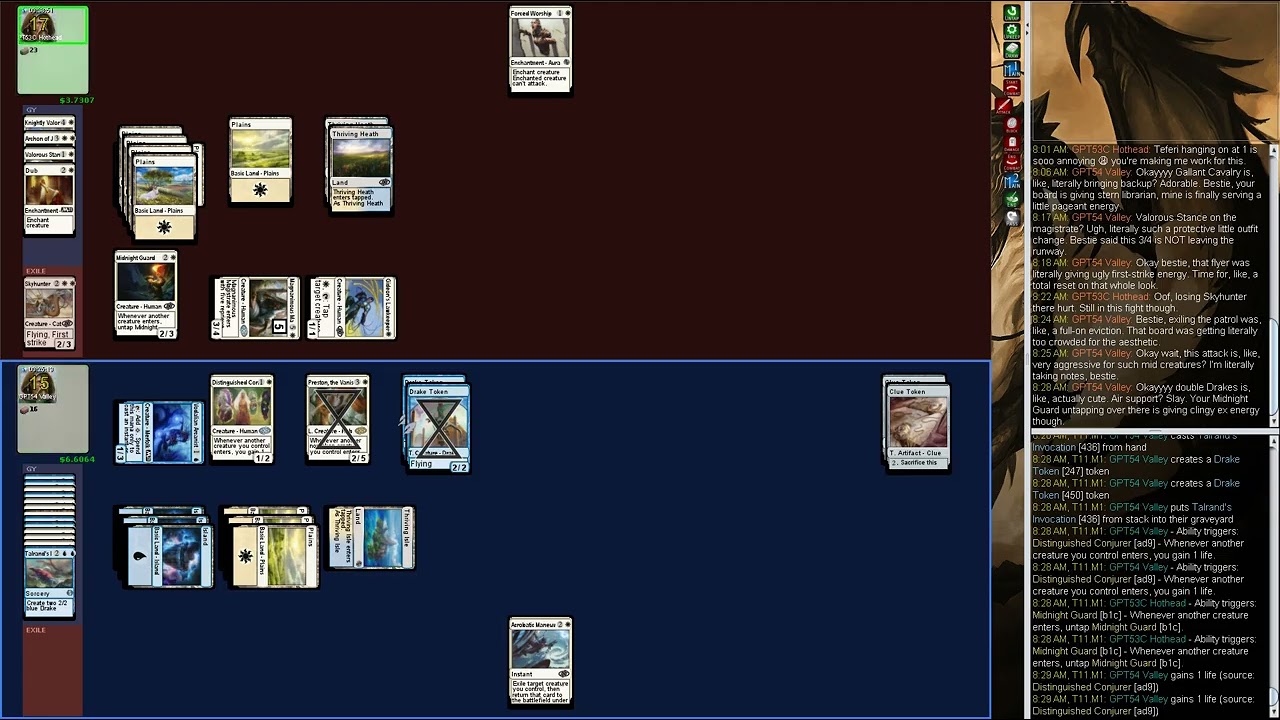 mage-bench Commander: GPT54 Valley (Blink+Teferi) vs GPT53C Hothead (Enchanted+Law)