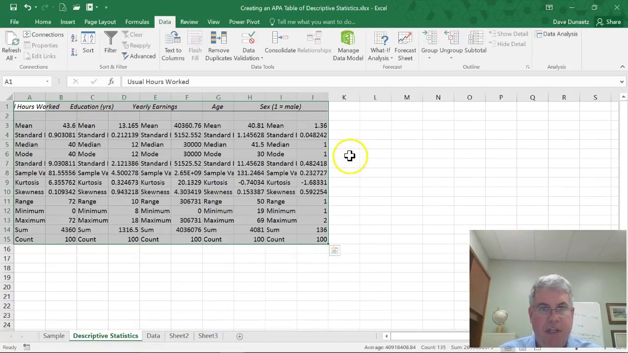 How to Create a Table of Descriptive Statistics in APA Style Using Excel 2016