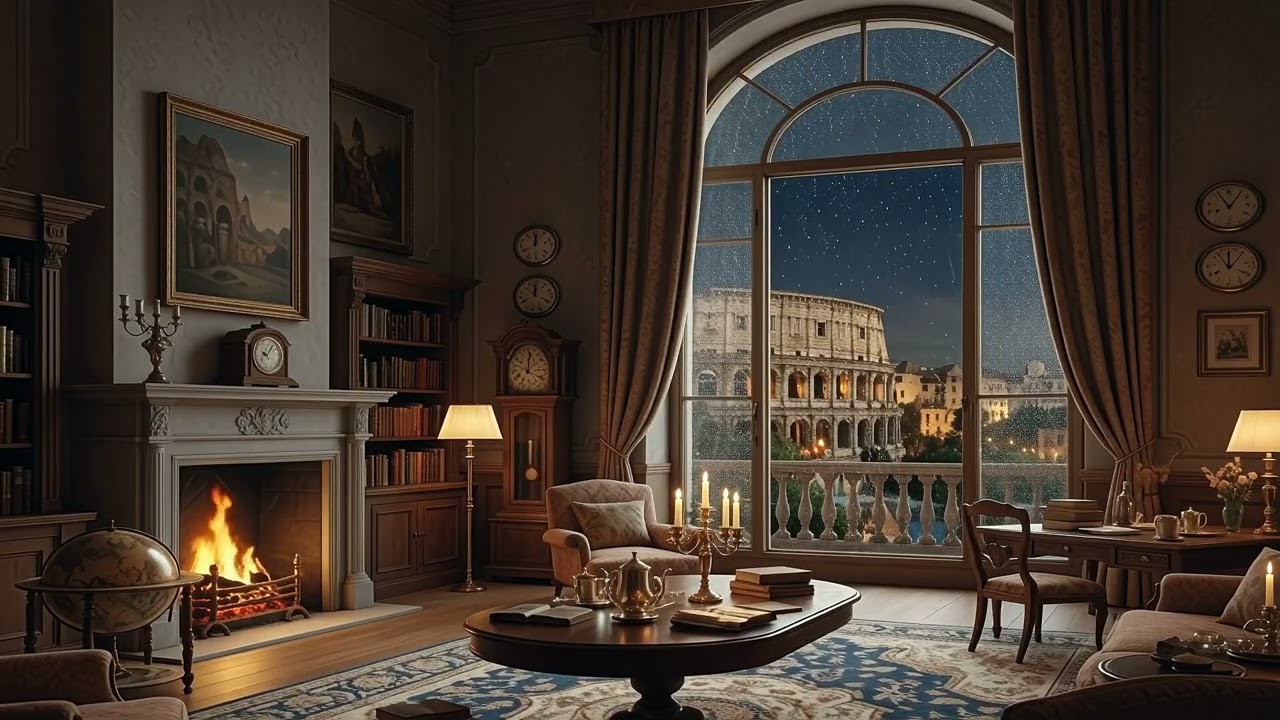 (No Ads) Sleeping Music 🌙 Rome at Night | Gentle Piano & Fireplace for Deep Sleep & Relaxation.