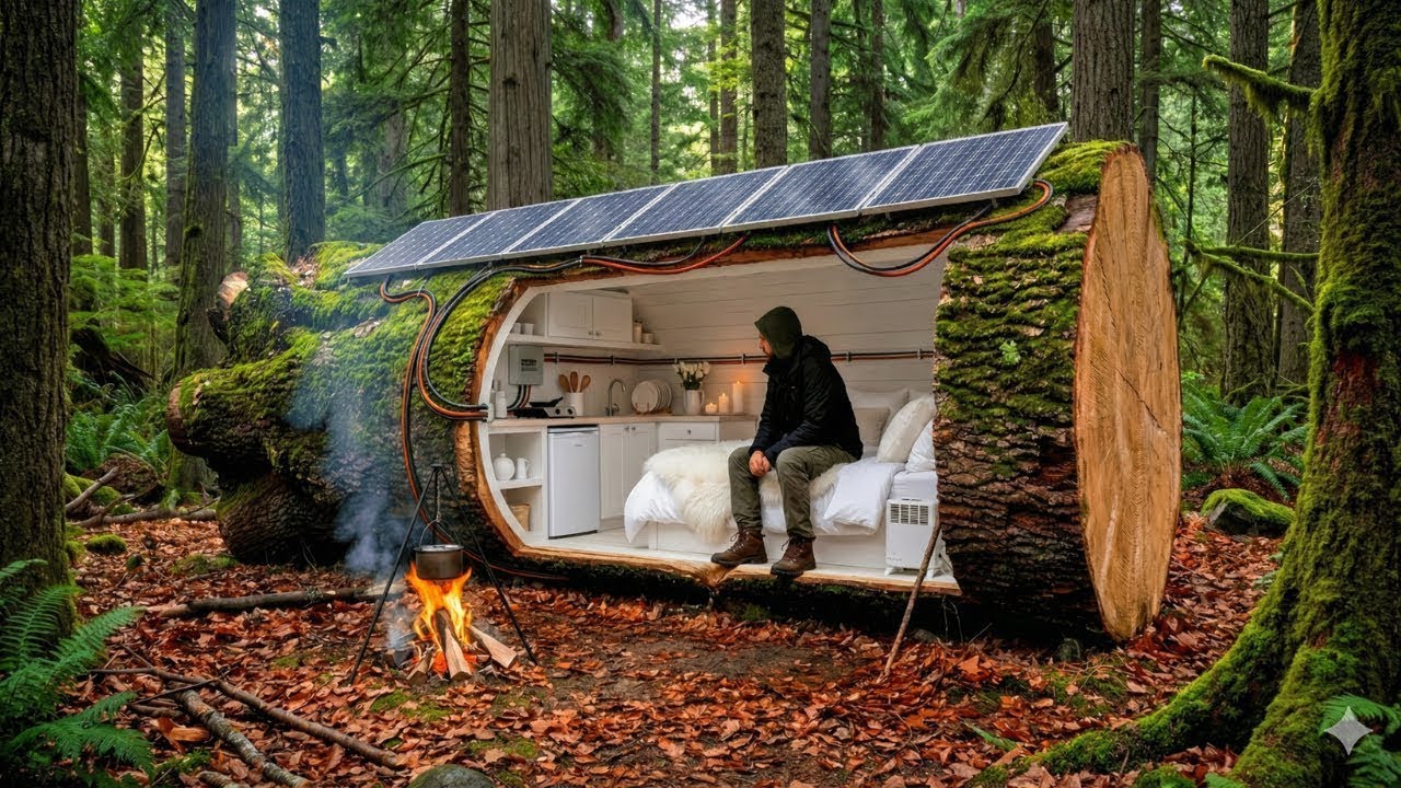 Building a House in the Forest (ASMR) — A Man Builds a Mini House Inside a Tree Trunk