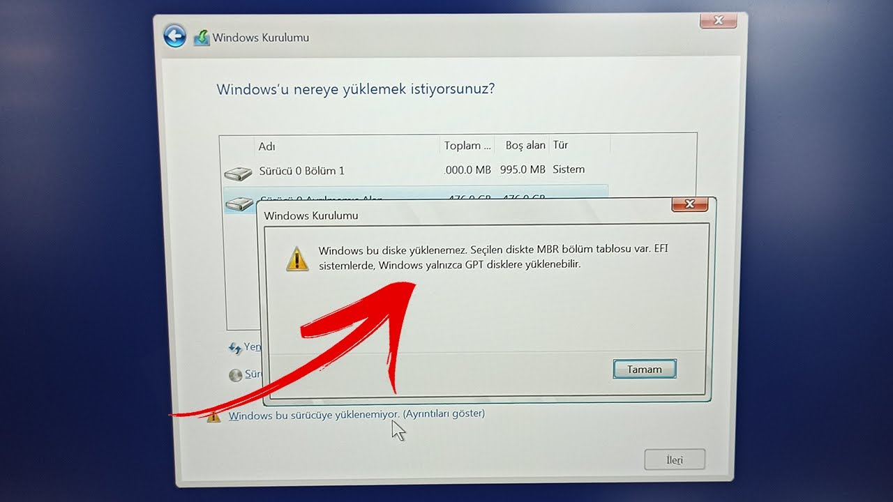Windows bu diske yüklenemez. Seçilen diskte MBR bölüm tablosu var.  (Çözüm!)