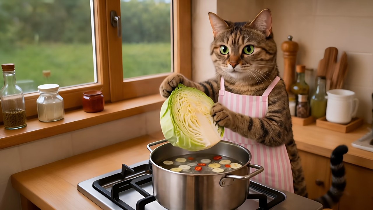 【AI Cat】キジトラ猫アンバーの鶏鍋作り！【料理】