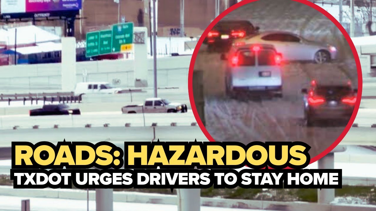 DFW road conditions: Cars struggle along I-30 near I-35E in Downtown Dallas