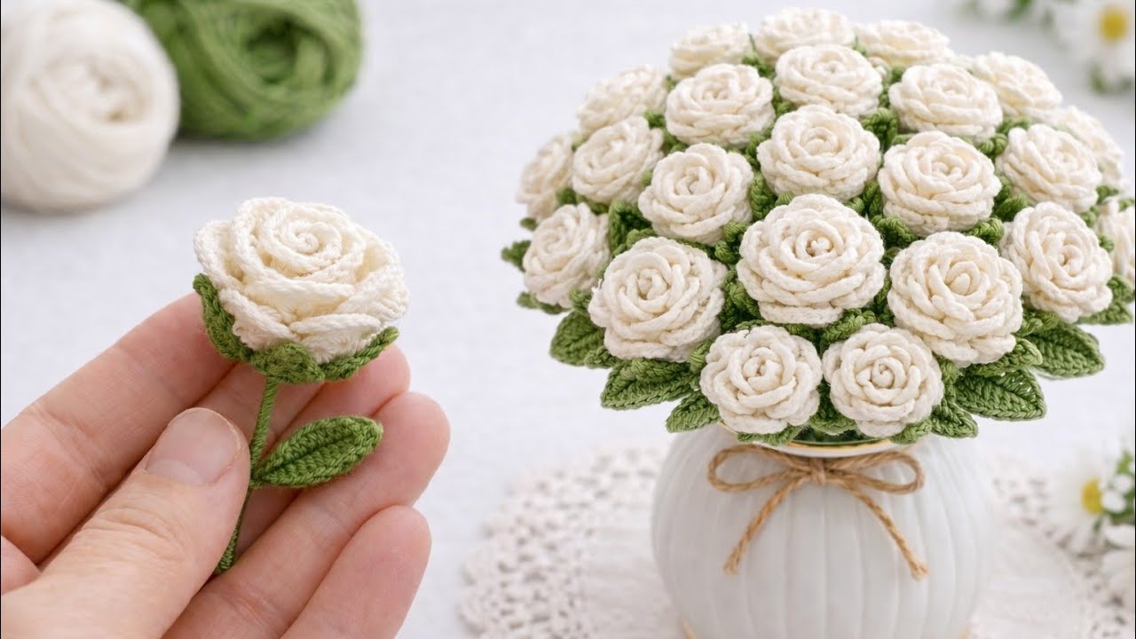 You Won&rsquo;t Believe This Is Tiny Crochet! 😍 Mini Rose Bouquet in a Vase 🌿✨#crochet 
