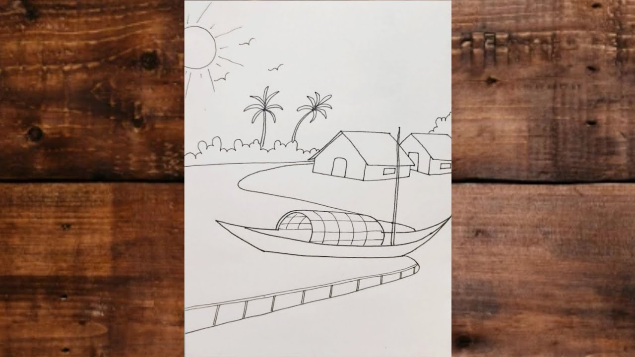 Drawing a landscape riverside scenery, Village Scenery Drawing with pencil