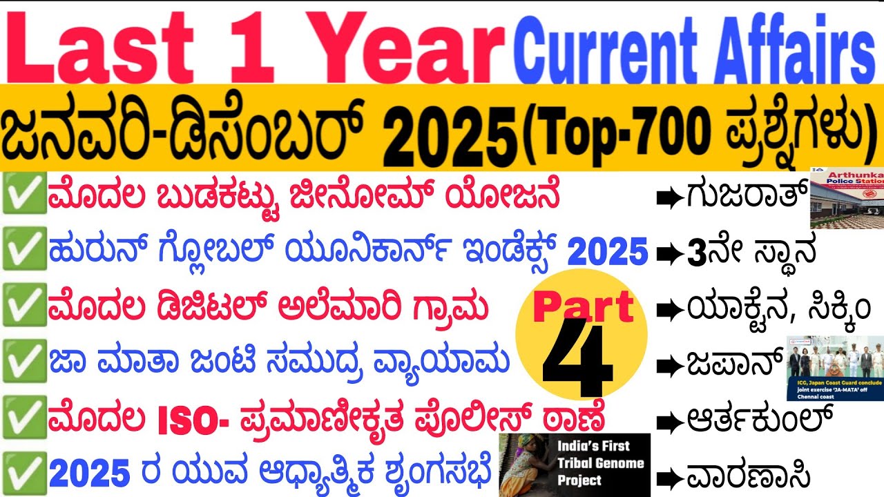 Part-4 Last 1 Year Current Affairs Revision | Jan 2025 to Dec 2025 | Current Affairs MCQs 2025kannad