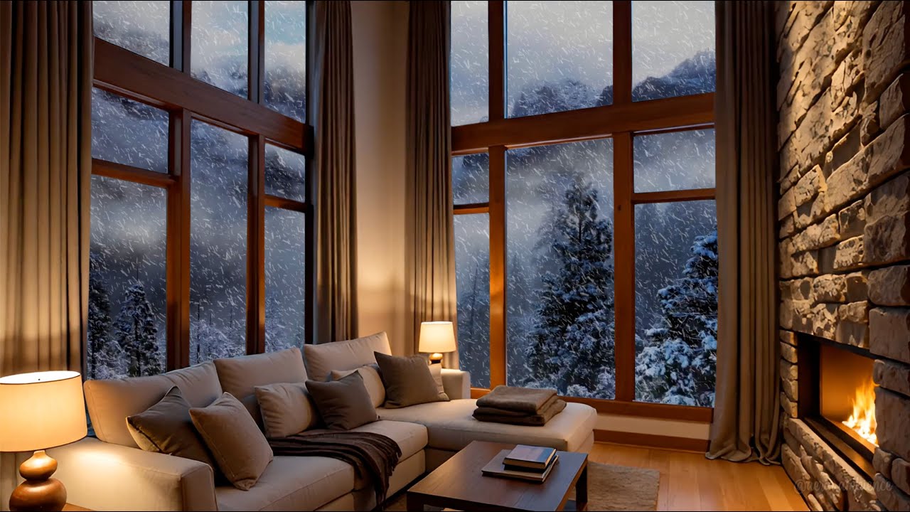 Soft Piano, Snow & Wind | Cozy Focus in a Snowy Mountain Cabin Fireplace (1 Hour)