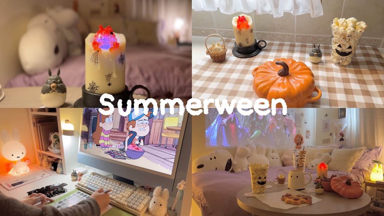 Summerween Vlog 🎃| Halloween themed food, Kirby pyjamas, cozy movie night, DIY pumpkin & bat decals