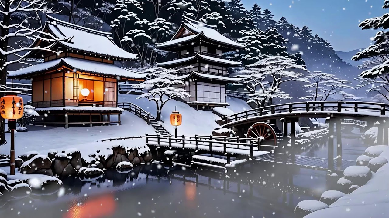 12h Ambient Zen | Music and Water Sounds for Sleep and Relaxation🌙 | 冬の水車瞑想音楽 | Thiền Mùa Đông Vol11