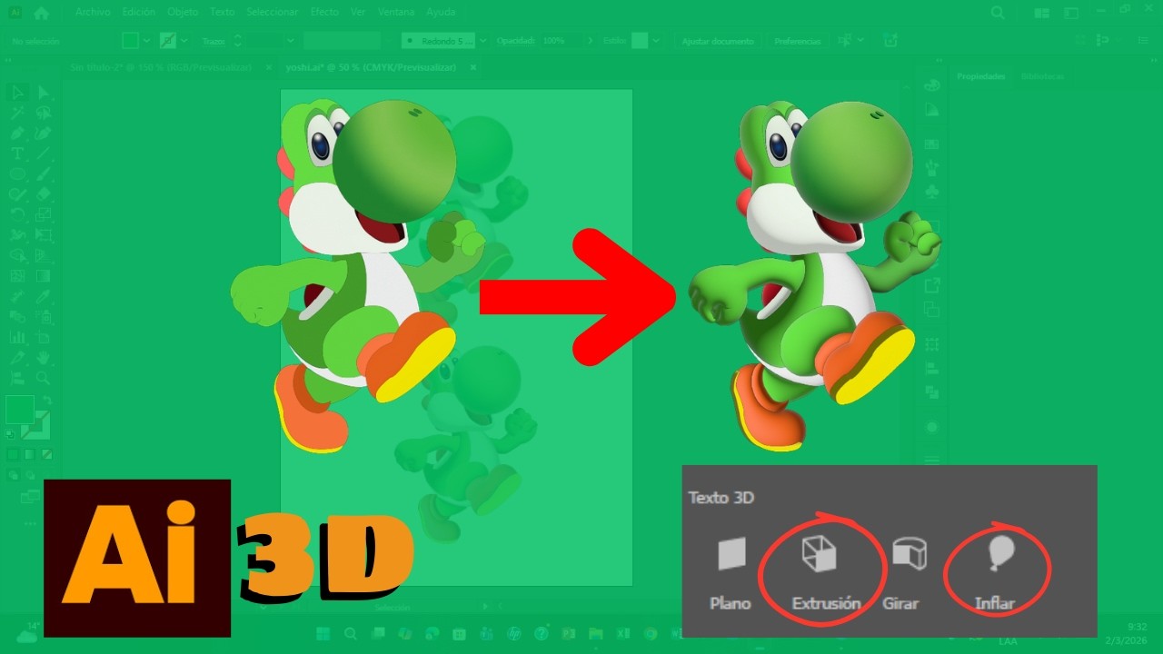 ¡Práctica con Yoshi!🦖🦖 Usando la herramienta 3D y materiales( Inflar y obstrucción)