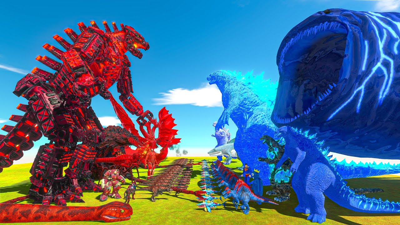 Red Team + MechaGodzilla VS Godzilla + Blue Team + Bloop - Animal Revolt Battle Simulator