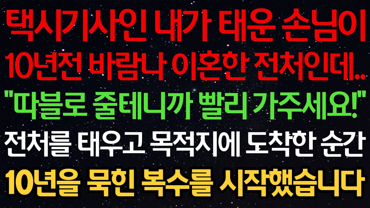 택시기사인 내가 태운 손님이 10년전 바람나 이혼한 전처인데.. “따블로 줄테니까 빨리가주세요” 전처를 태우고 목적지에 도착한 순간 10년을 묵힌 복수를 시작했습니다
