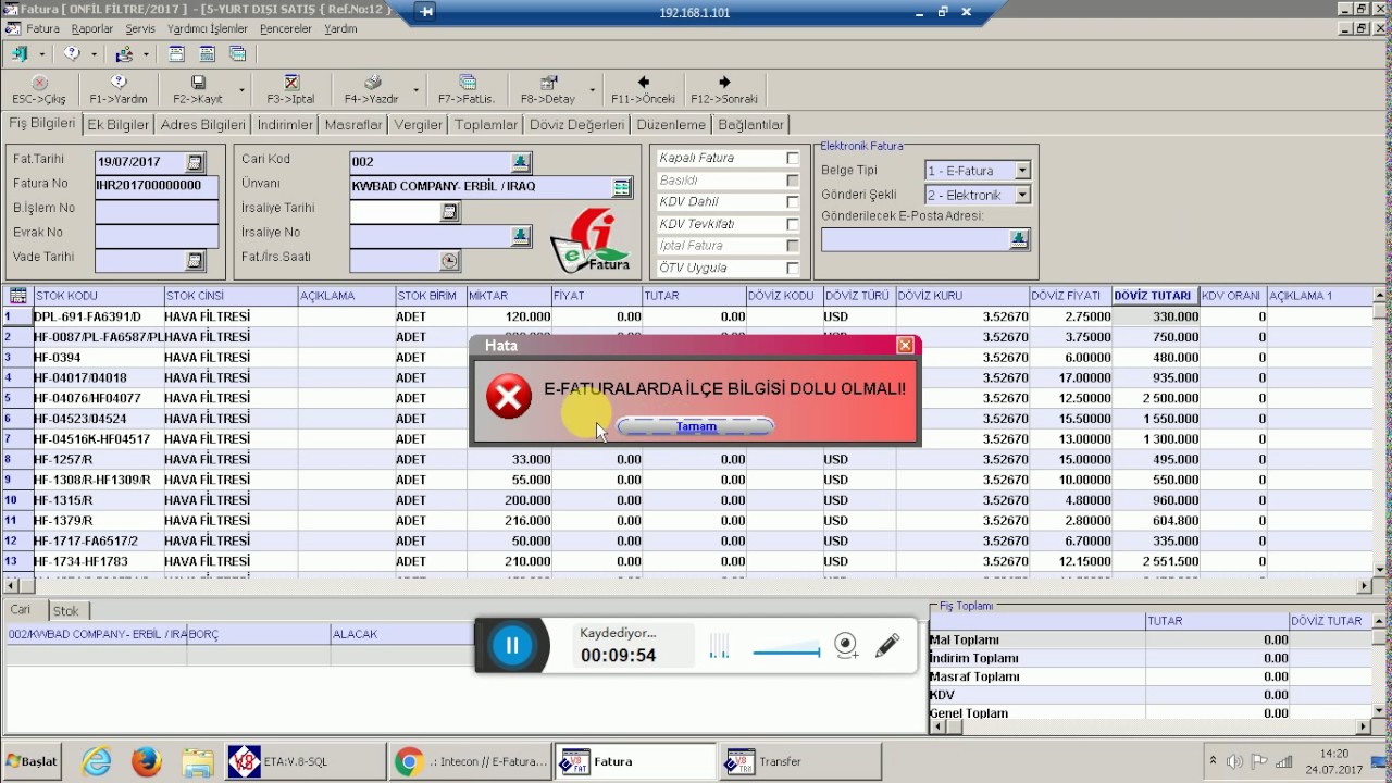 ihracat efatura etav8sql