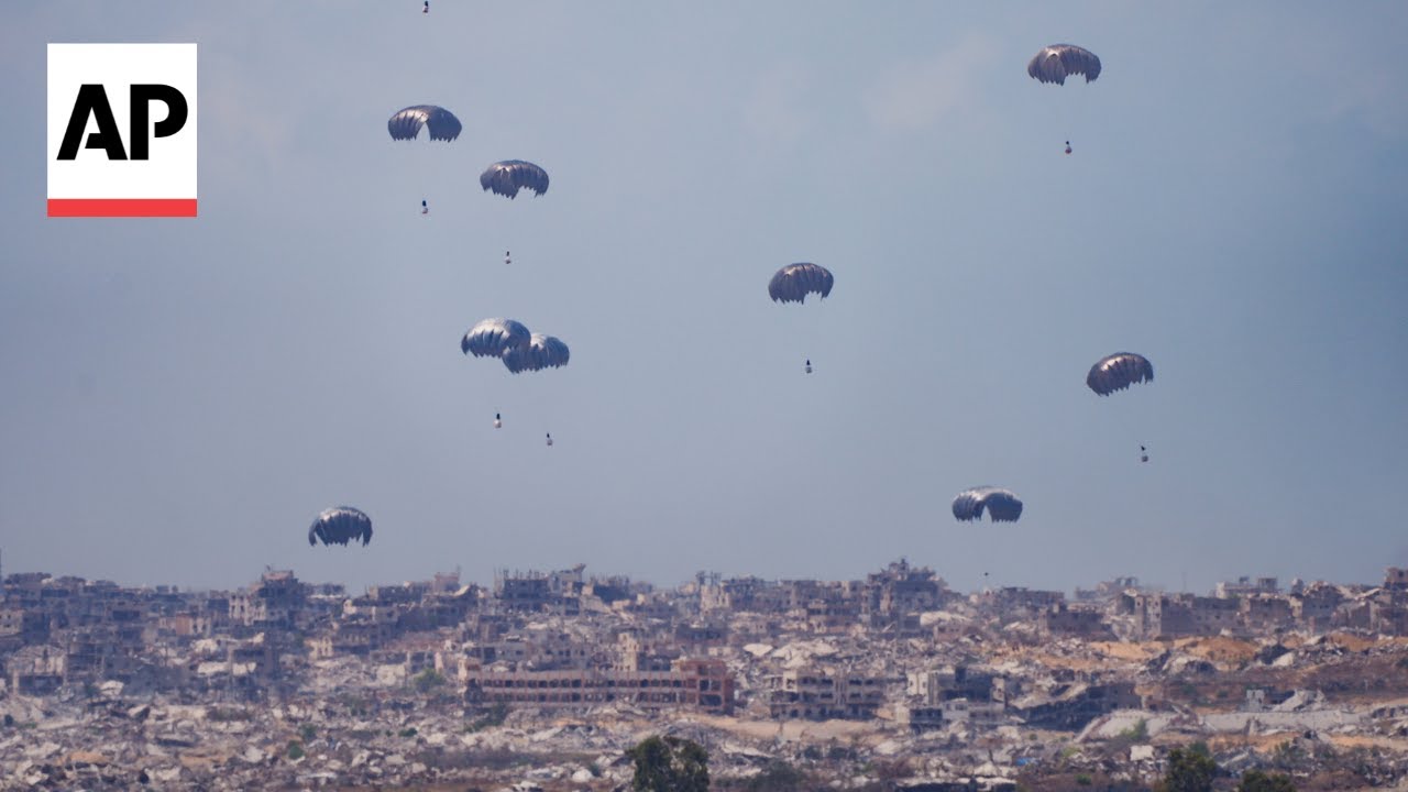 Pallets of international aid airdropped into Gaza