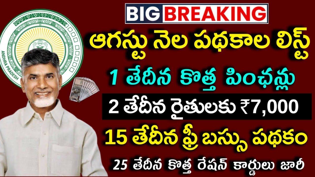 Ap Schemes In August Month|August Month Ap schemes list|New Pensions|New ration cards|free bus/gas|
