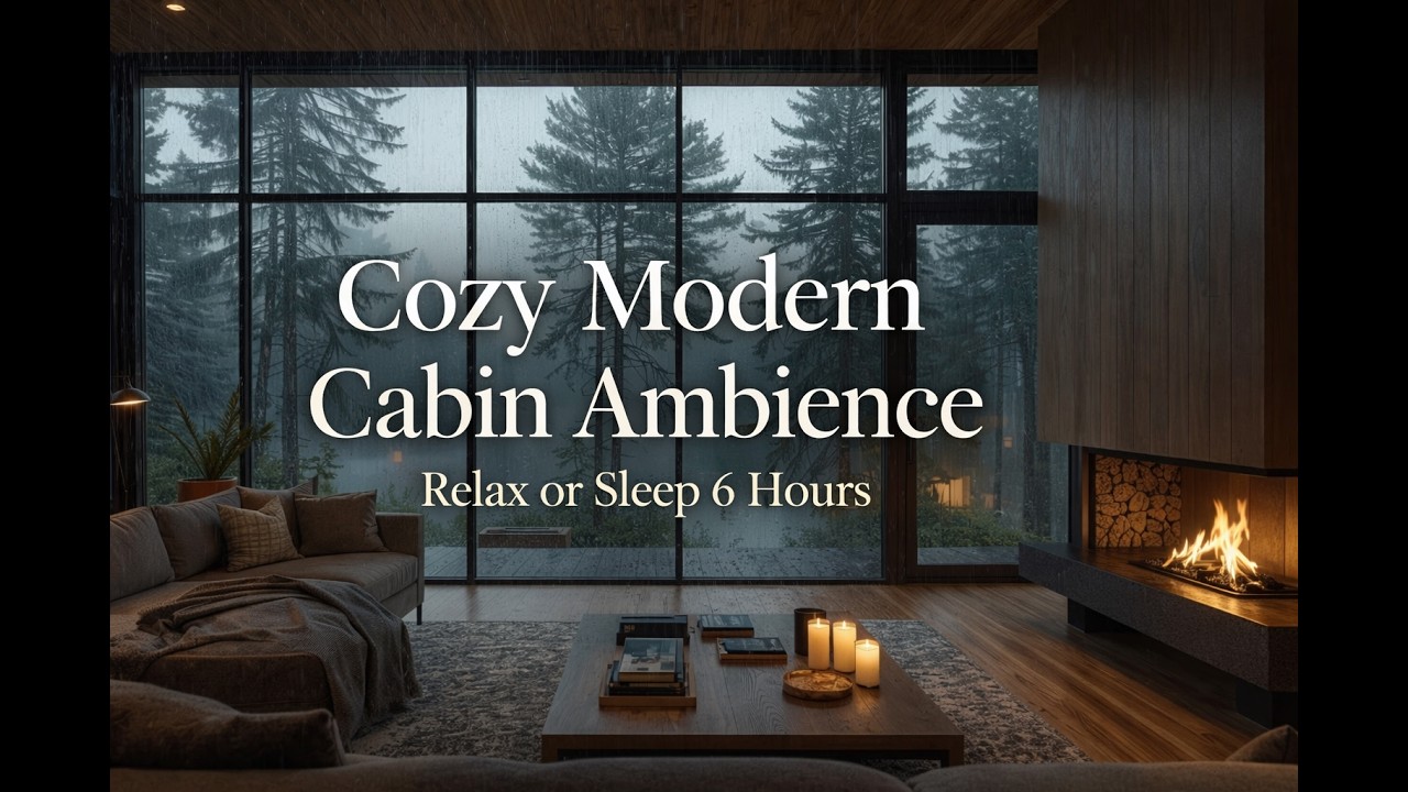 Cozy Modern Cabin Ambience with Rain & Fireplace Sounds | 6 Hours for Sleep, Study & Relaxation
