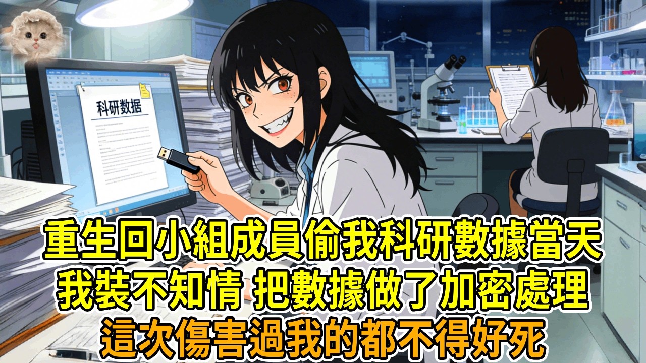 上一世，小組成員偷我科研數據，我找教授舉報，教授以學校評優為由讓我放棄。組員反咬我故意刁難，我被取消學位。後來她獲得科研獎，獎金百萬。再睜眼，回到數據被偷當天，我笑著把數據做了加密處理。