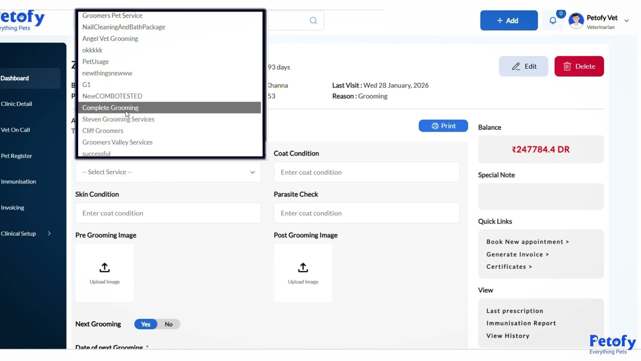 Petofy OPHR Grooming Module Demo | Veterinary Clinic Management Software