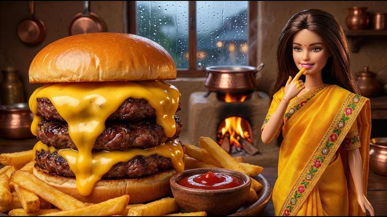 🌧️ Rainy day in Miniature Doll Shop | Insane 100-Layer Cheesy Burger & Crispy Fries ASMR 🍔🍟