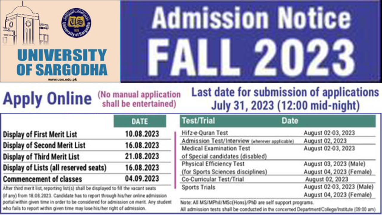UOS Sargodha University Admission Notice Fall 2023 - Last Date 31st Jule 2023 - Admission Schedule