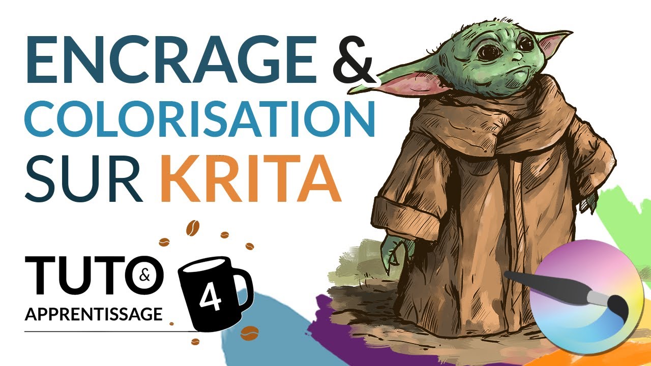 Encrage et colorisation sur Krita - comment dessiner Baby Yoda - ☕ Coffee time - Tuto dessin