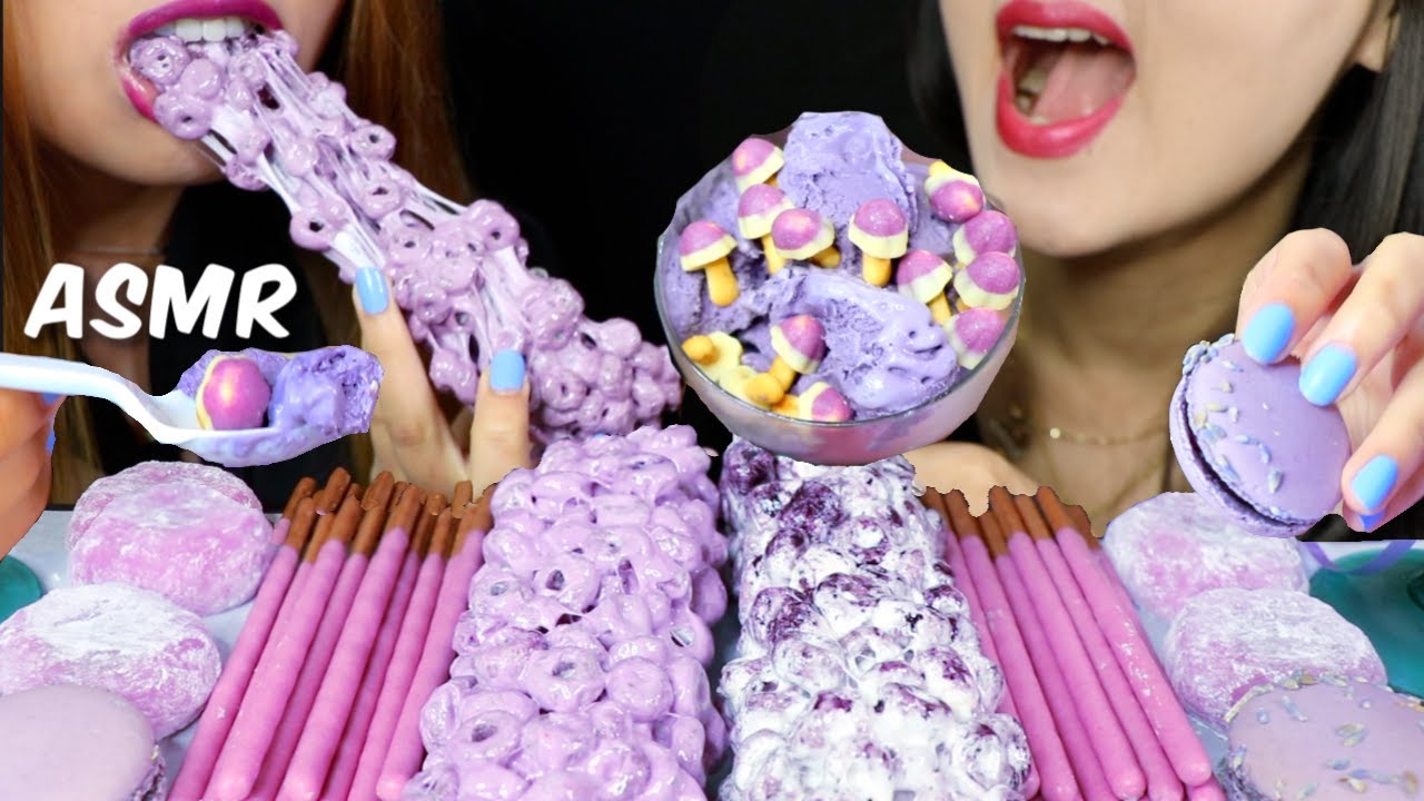ASMR PURPLE FOOD (ICE CREAM, MOCHI, CEREAL TREAT, MACARON, POCKY) 리얼사운드 먹방 | Kim&Liz ASMR