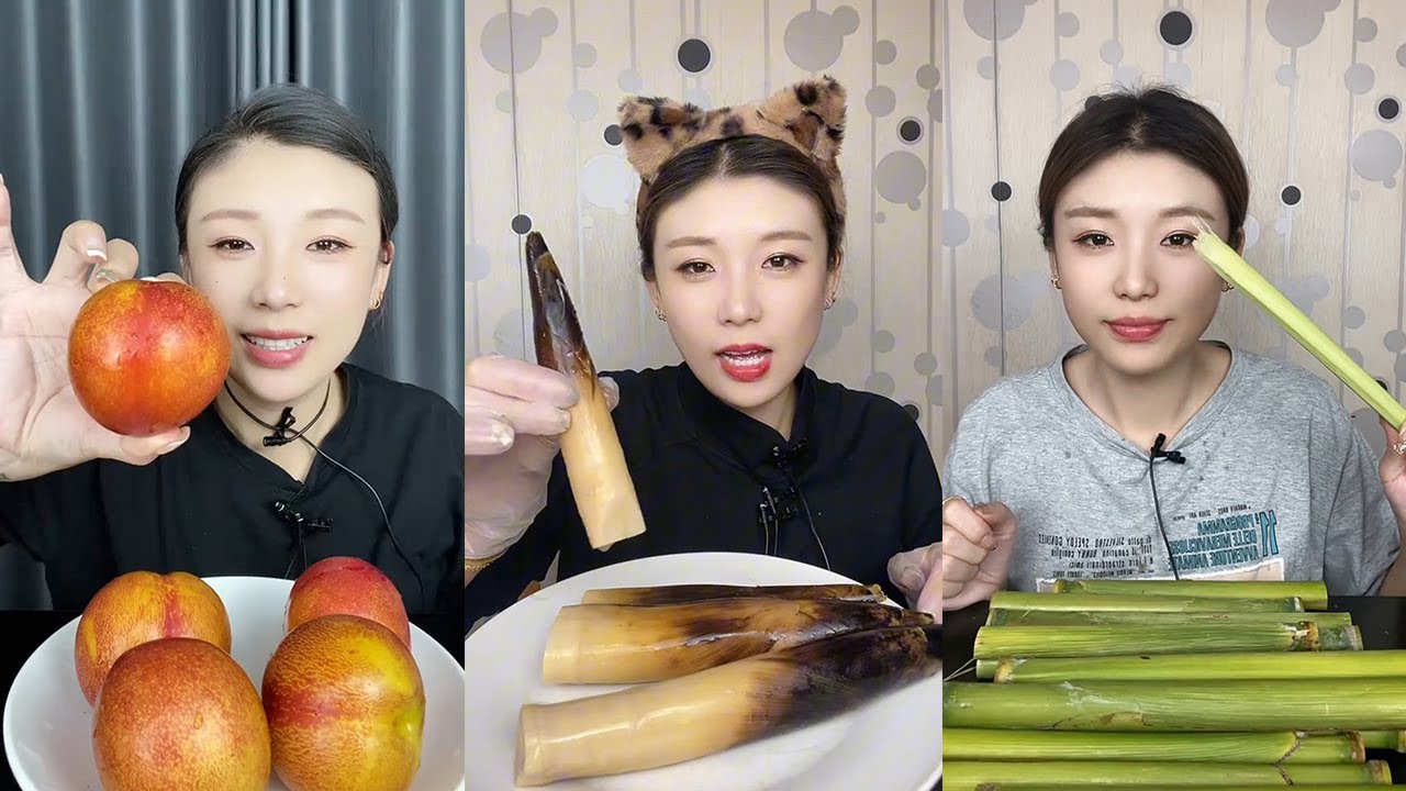 【Mukbang】Big plums+pickled peppers, hand peeled bamboo shoots+sweet stems#asmr#yummy
