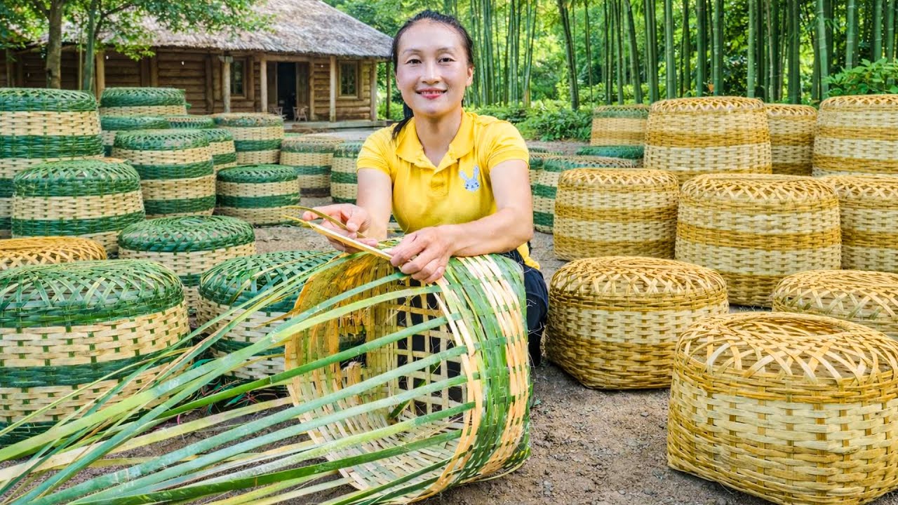 Traditional bamboo basket weaving process, harvesting wild bananas to sell at the market