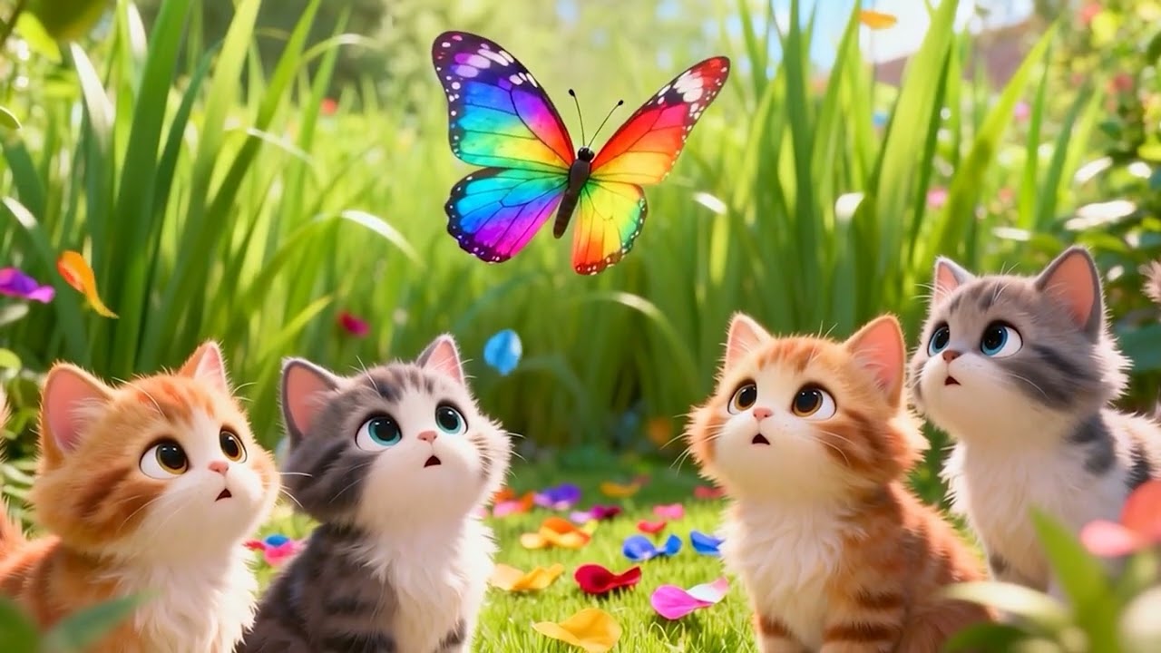 Four Cute Kittens Chasing a Butterfly 🦋 | #cuteanimals #butterflychase #kidsvideo #funnycats #kids