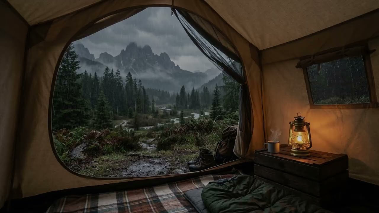Steady Forest Rain 🌧️ Drumming On A Camping Tent While Tall Pines 🌲 Whisper In Wind
