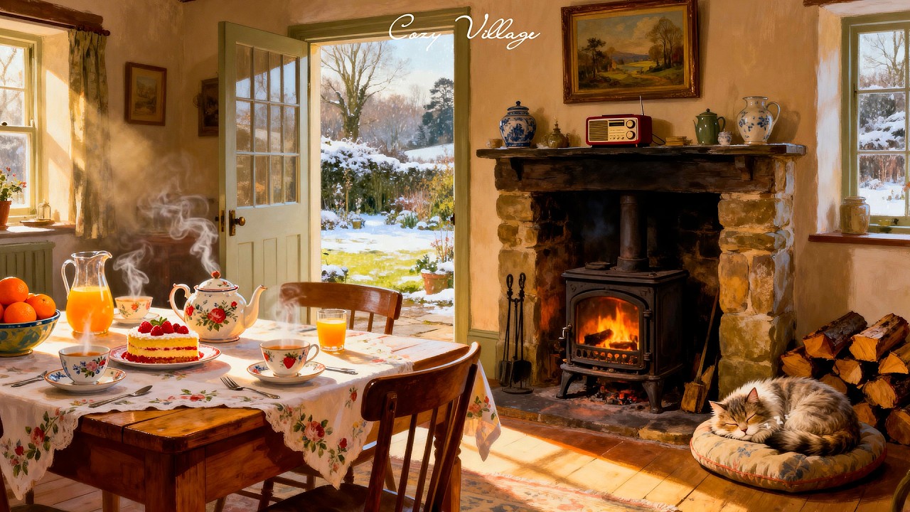Cozy Snowy Morning ❄️ 1950s Oldies Playing in Another Room | Warm Tea & Gentle Sunshine