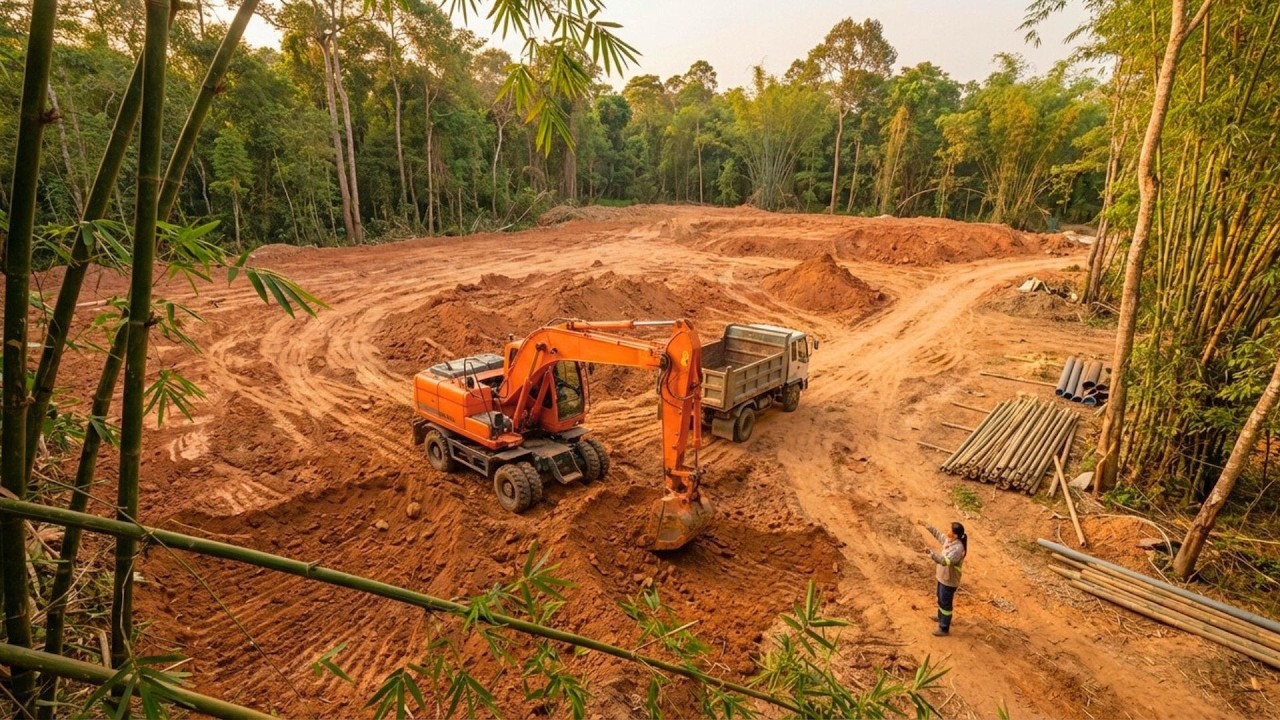 Building A 200m² Farm In The Forest Using An Excavator And A Truck To Level The Ground