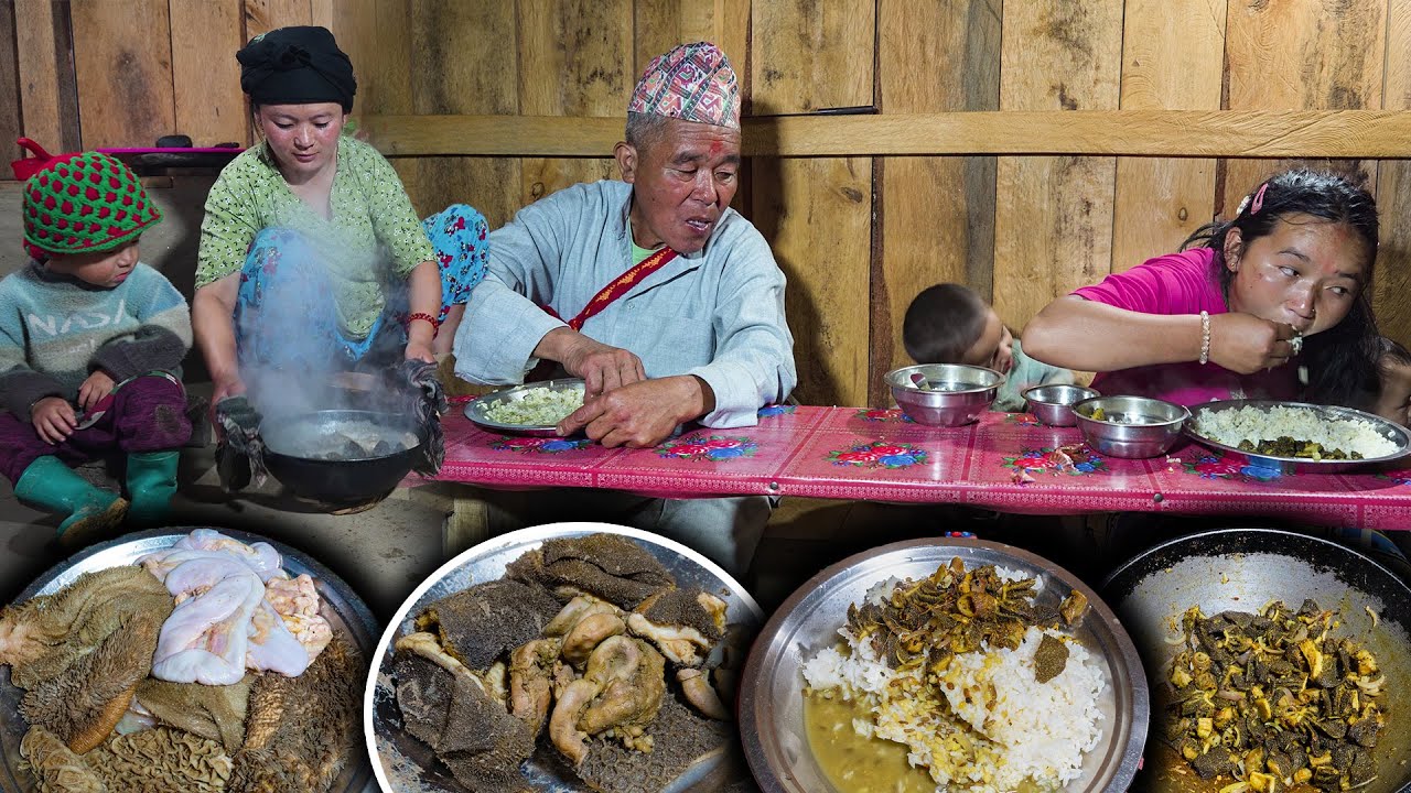 Buff intestines recipe in Nepali village kitchen | Having Enjoy Village Families | Village food Vlog