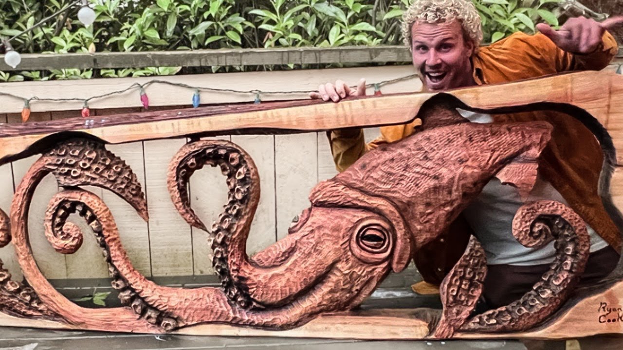 INCREDIBLE Chainsaw Carving The KRAKEN - Giant Squid-- Relief Wood Carving