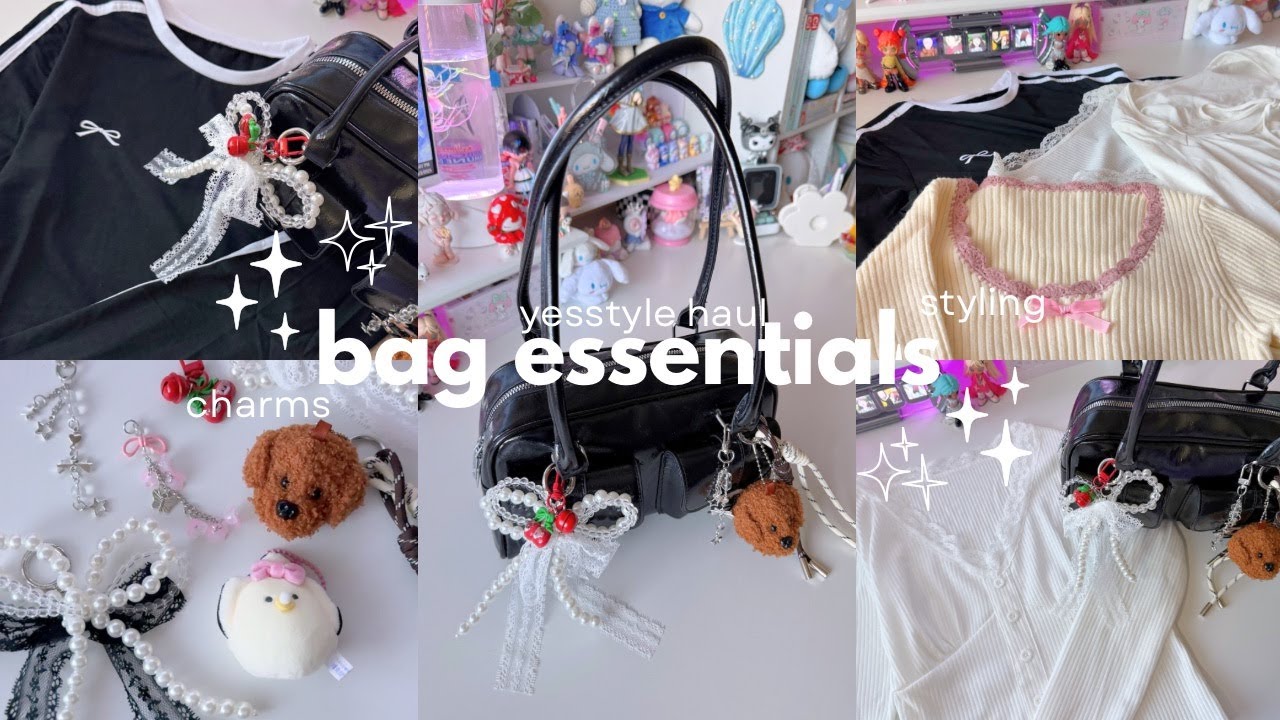 decorating my bag 🎀 yesstyle haul, pinterest trendy it girl bags, aesthetic bag charms, cute tops ♡