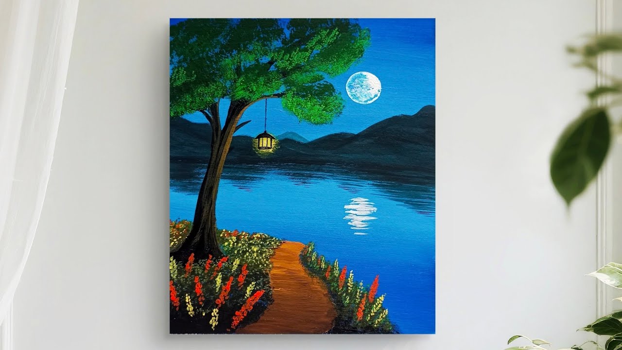 Beautiful Moonlight Scenary Painting / Moonlight Sea Scenary Painting / Acrylic Painting Tutorial 
