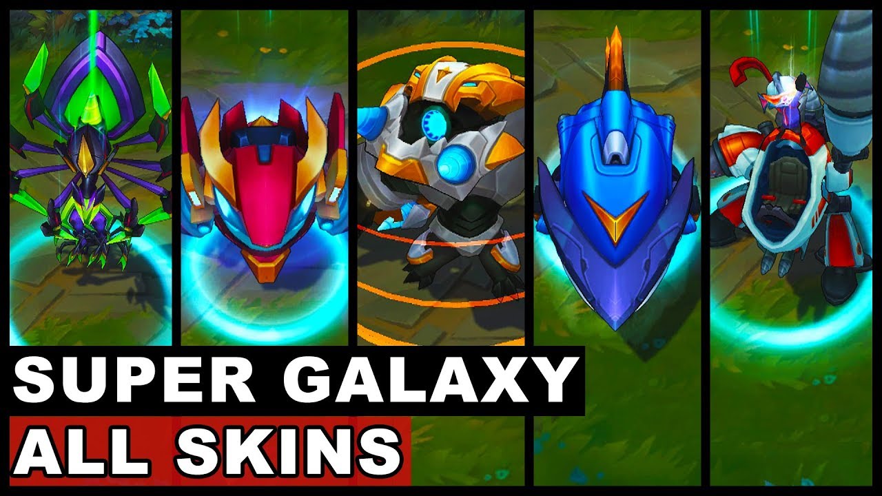 All Super Galaxy Skins NEW and OLD Annie Fizz Gnar Nidalee Elise Rumble Kindred Shyvana