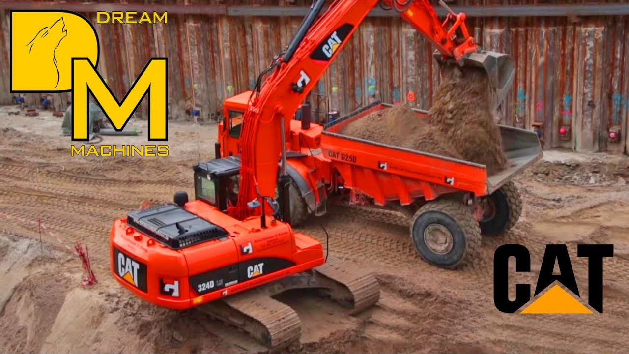 CATERPILLAR 324D BAGGER + CAT D25D DUMPER # BAU EINES TUNNELS