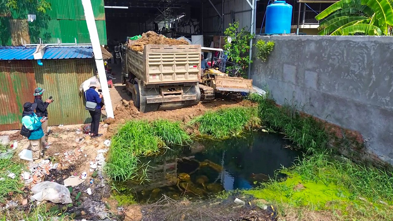 OMG Huge Landfill Project! Strong MITSUBISHI Dozer & 5 Ton Trucks Filling a Deep Pond