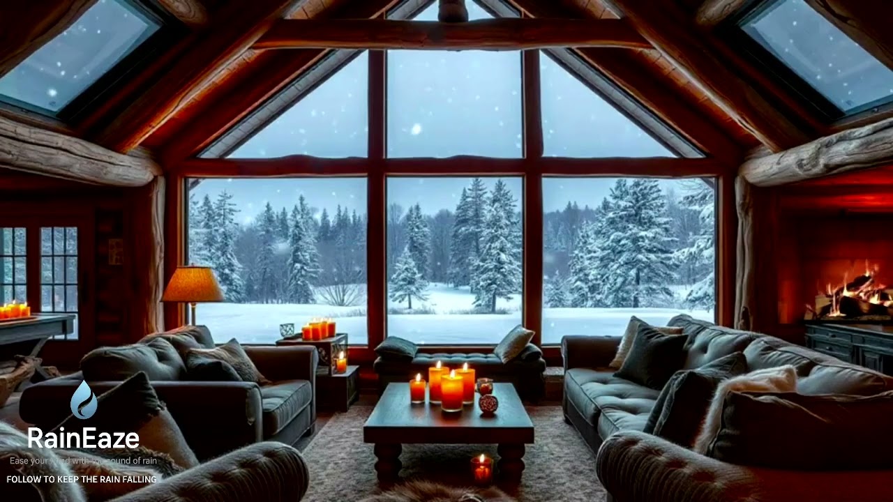 Cozy Cabin Fireplace Sound - Winter Snow | Study - Sleep - Relax -ASMR #snow #fireplace