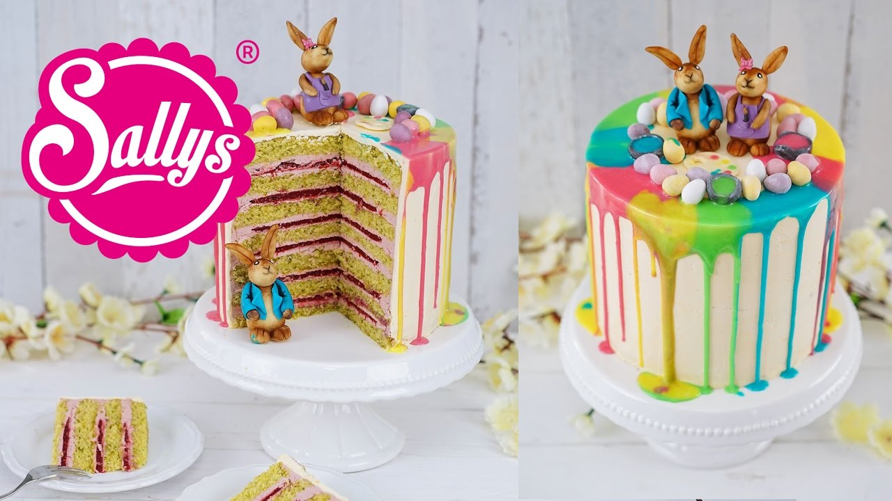 Drip Cake - Ostertorte mit bunten Regenbogenfarben und Schokoladen Häschen / Sallys Welt