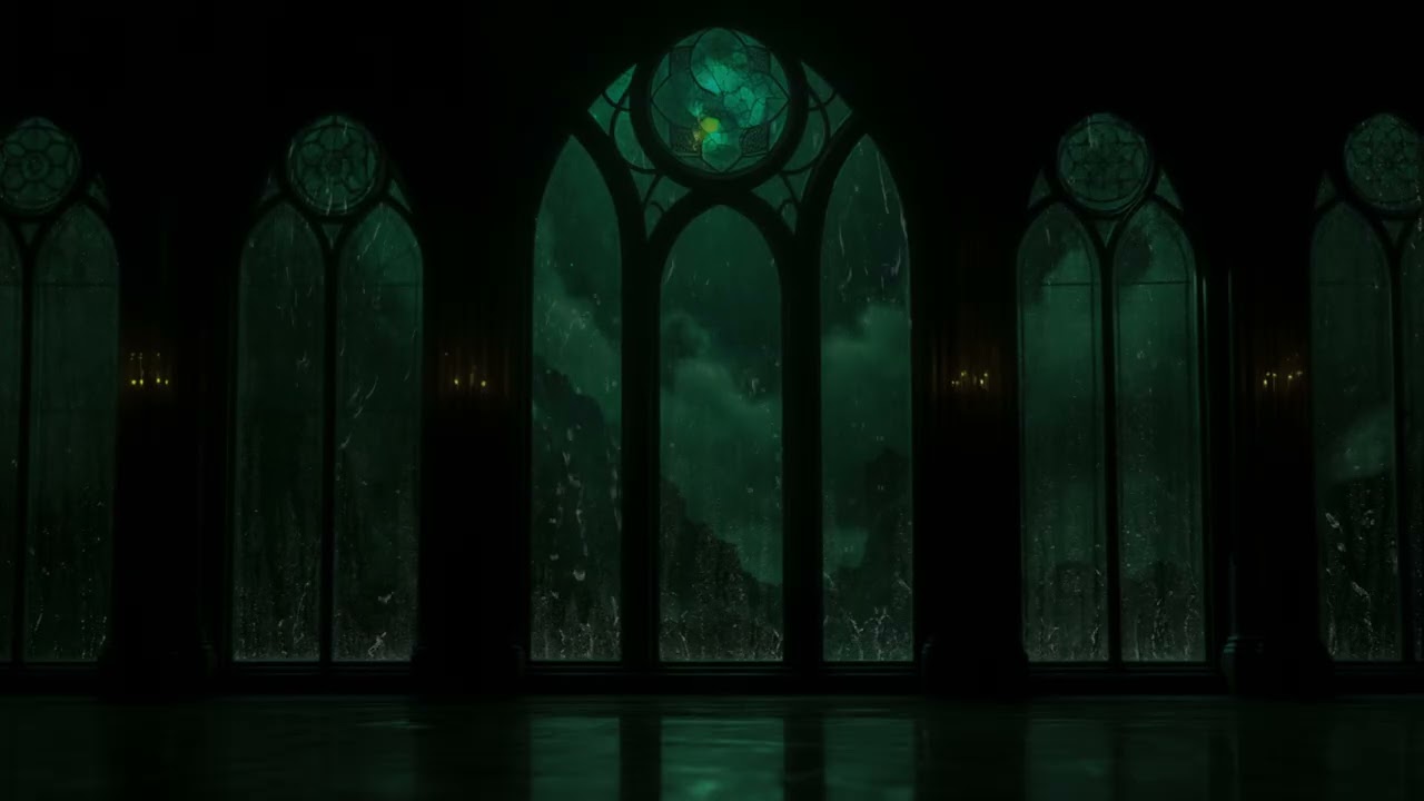 Rain Sounds in a Dark Castle Window (No Ads) | Moonlit Ambience for Deep Sleep & Relax