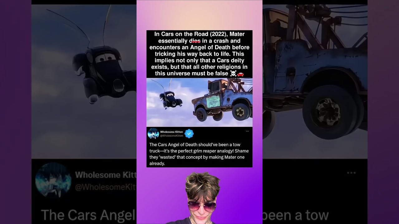 In Cars on the Road (2022), Mater experiences death in a crash and encounters an Angel of Death