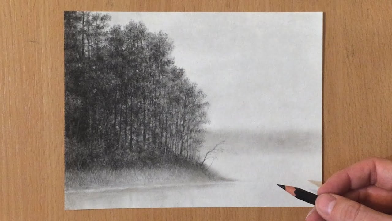 Misty Landscape Charcoal Drawing