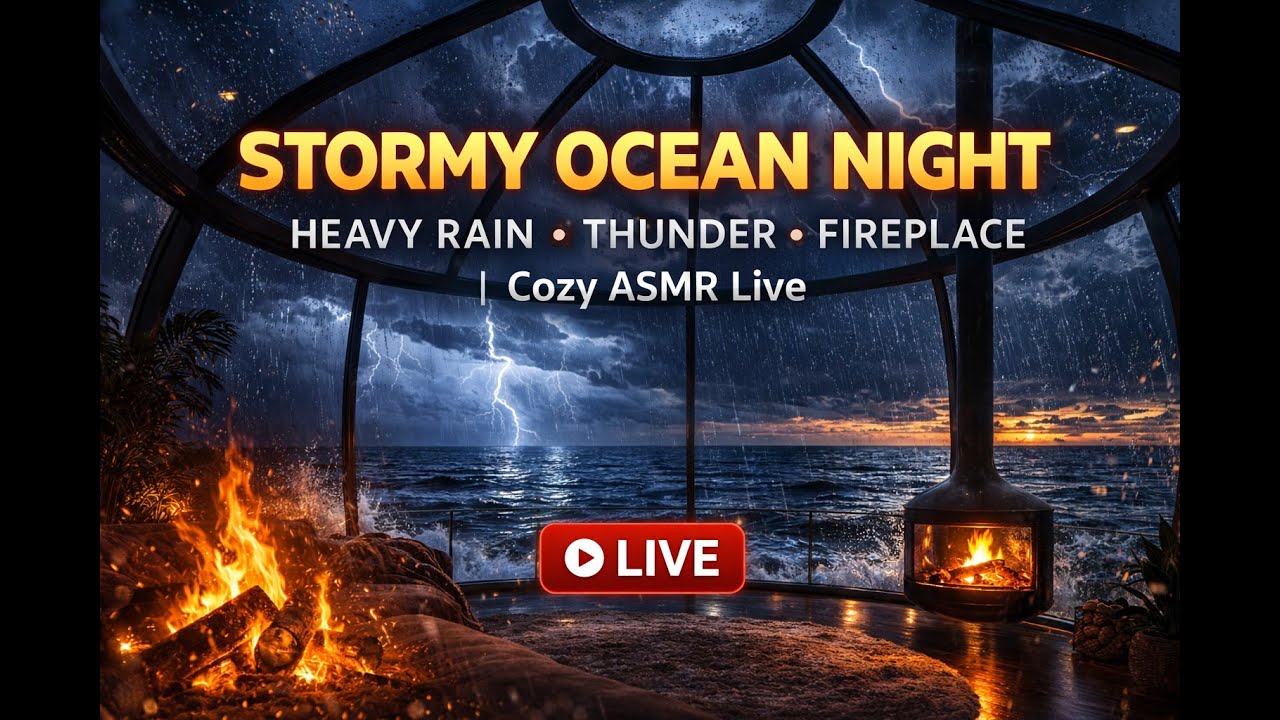Stormy Ocean Night 🌩️ Heavy Rain, Thunder & Fireplace | Cozy ASMR Live