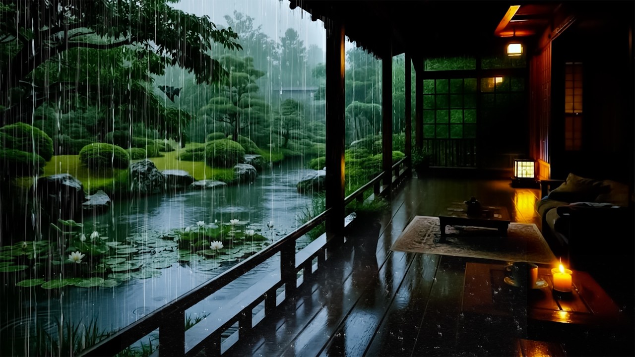 🌧️Calming Forest Rainstorm on Cabin Porch by Garden Pond | Deep Sleep Rain ASMR